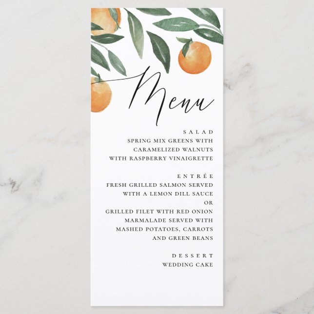 Menu Mariage d'agrumes aquarelle. Orange floral d'été (Devant)
