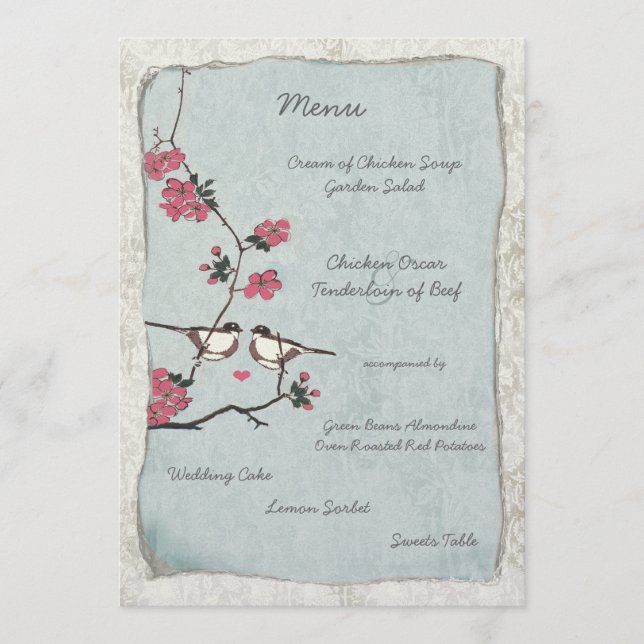 Menu Mariage damassé en cerise fleur (Devant)
