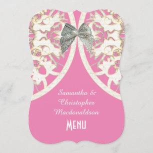 Menu mariage damassé en dentelle rose et blanche
