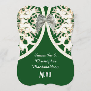 Menu mariage damassé en dentelle verte et blanche