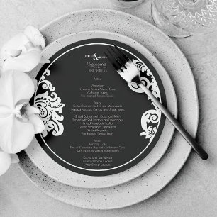 Menu Mariage damassé florale moderne noir blanc élégant