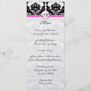 Menu Mariage damassé rose et noir sur métallisé argenté