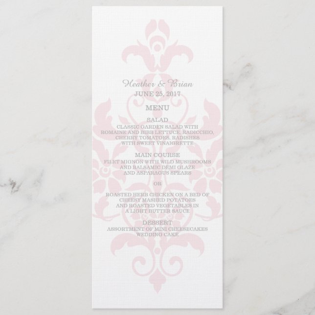Menu Mariage damassé rose subtil (Devant)