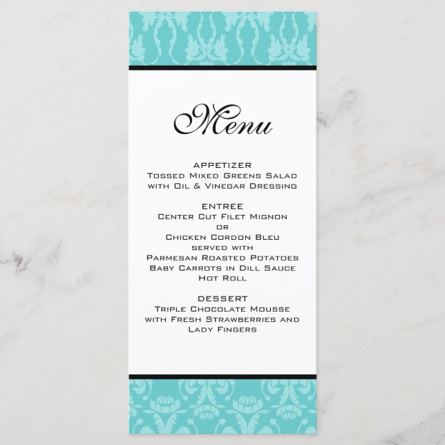 Menu Mariage damassé turquoise (Devant)