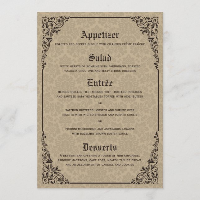 Menu Mariage damassé victorien gothique beige (Devant)