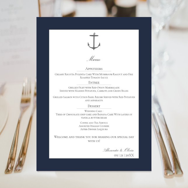 Menu Mariage d'Ancres nautiques simple | Bleu Marine (Navy Simple Nautical Anchor Wedding Menu)
