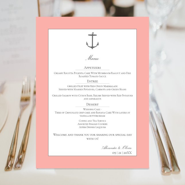 Menu Mariage d'Ancres nautiques simple | Corail (Coral Simple Nautical Anchor Wedding Menu)