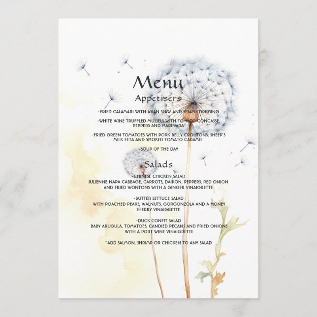 Menu Mariage Dandelion aquarelle (Devant)