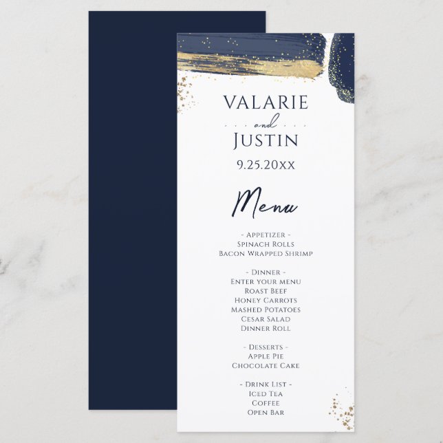 Menu Mariage d'aquarelle bleu marine (Devant / Derrière)