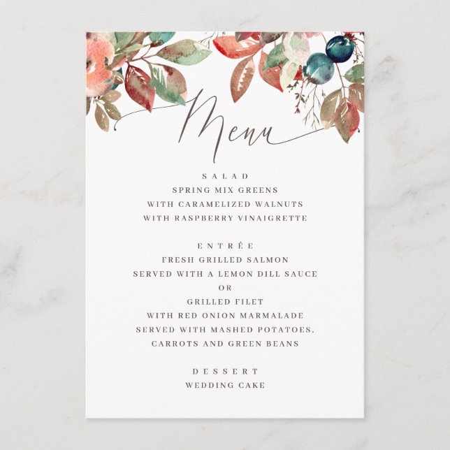 Menu Mariage d'aquarelle de feuillage d'automne | Feuil (Devant)