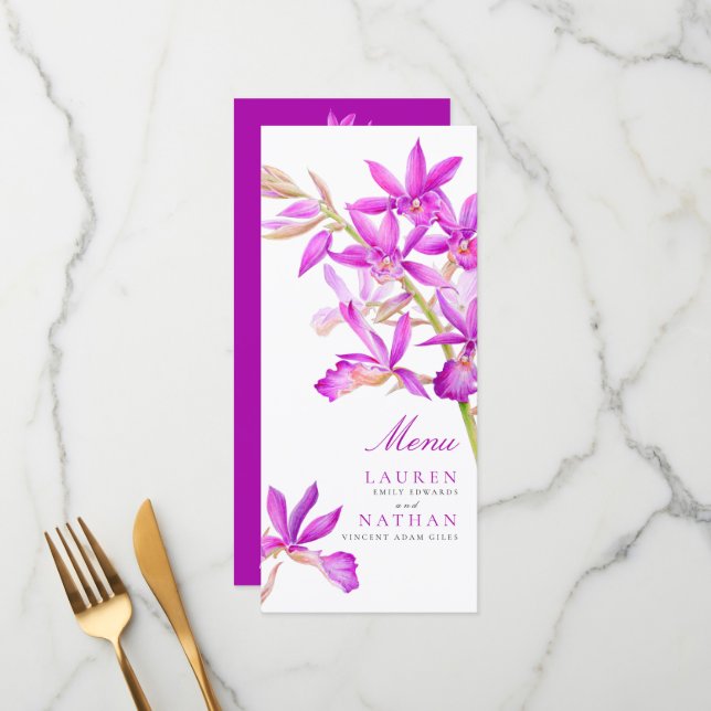 Menu Mariage d'aquarelle de fleurs d'orchidées violette (Devant/Arrière en situation)