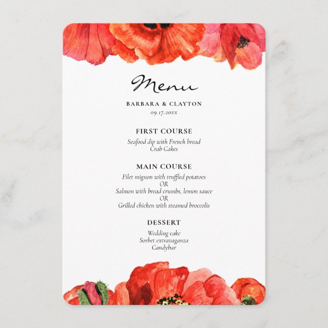 Menu Mariage d'aquarelle de pavois rouges (Devant)