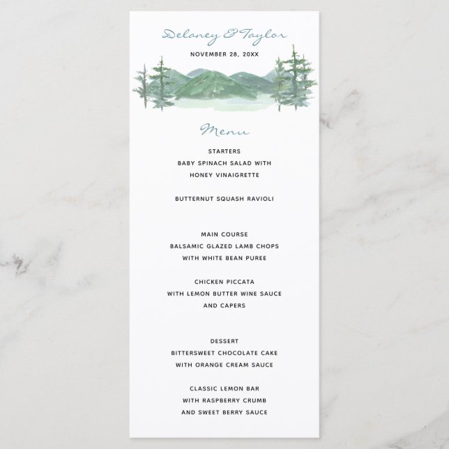 Menu Mariage d'aquarelle du lac Mountain (Devant)