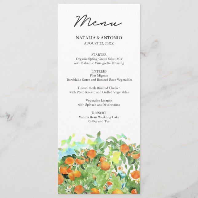Menu Mariage d'aquarelle en fleurs d'agrumes orange (Devant)