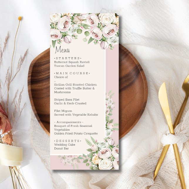 Menu Mariage d'aquarelle fleurie rose duveteuse (Créateur téléchargé)