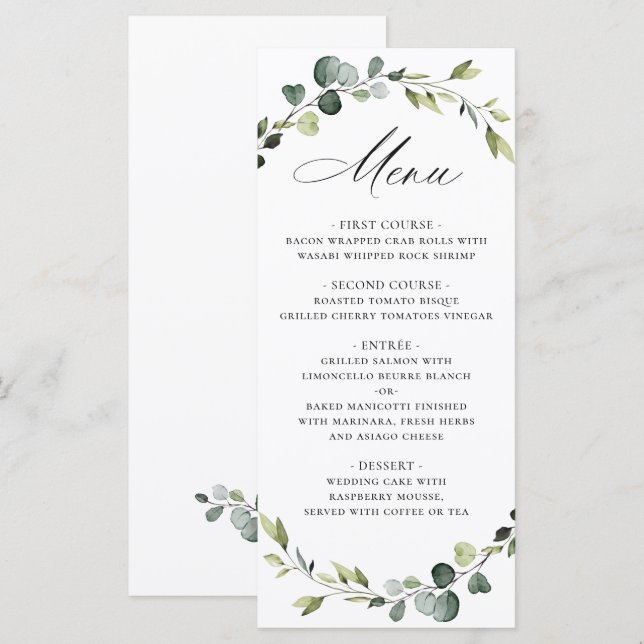 Menu Mariage d'aquarelle moderne Eucalyptus Wreath Boho (Devant / Derrière)