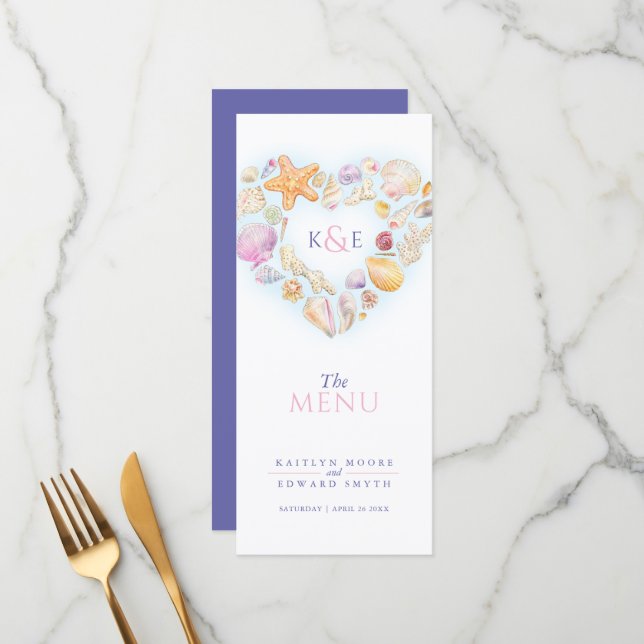 Menu Mariage d'aquarelle monogramme de couronne de coeu (Devant/Arrière en situation)
