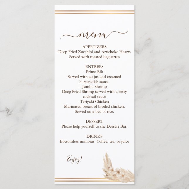 Menu Mariage d'aquarelle Pampa Grass (Devant)