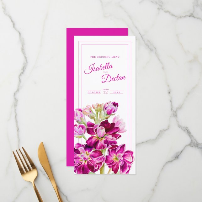 Menu Mariage d'aquarelle rose stock fleurs (Devant/Arrière en situation)