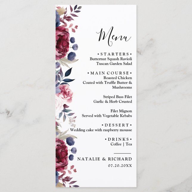 Menu Mariage d'aquarelle rouge rousse rose pâle (Devant)