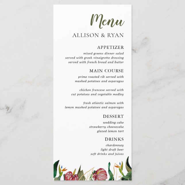 Menu Mariage d'aquarelle vert tropical (Devant)