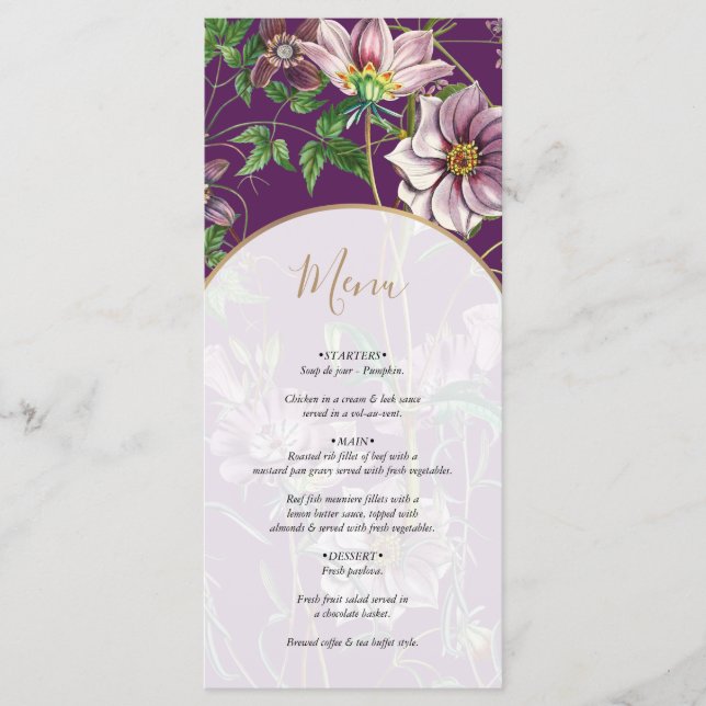 Menu Mariage d'arc doré fleuri violet (Devant)