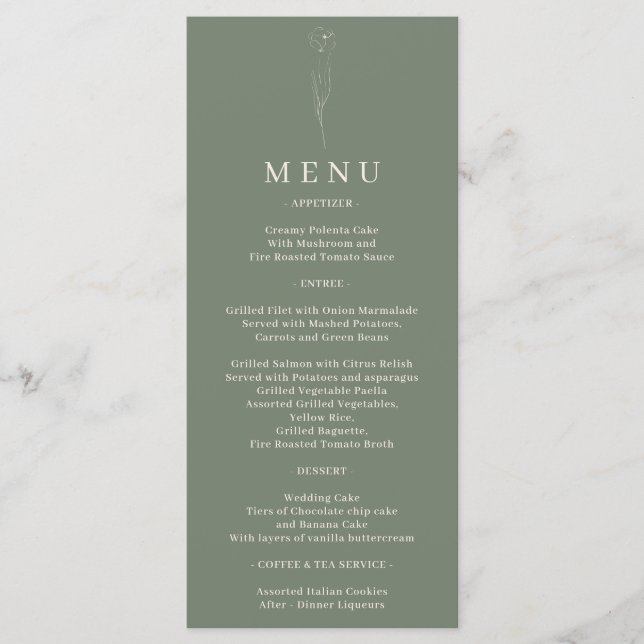 Menu Mariage d'art floral vert sauge (Devant)