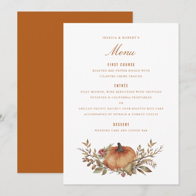 Menu Mariage de automne Citrouille rouille rouille Rose (Devant / Derrière)