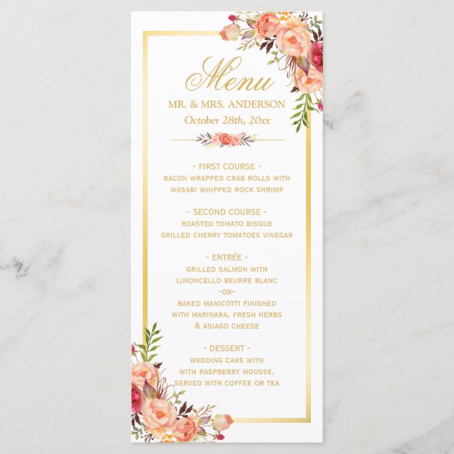 Menu mariage de automne Coral Rustique Floral Gold (Devant)
