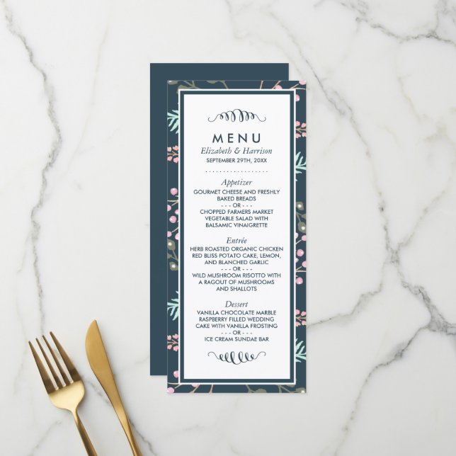 Menu Mariage de Berry Botanique Whimsical (Devant/Arrière en situation)