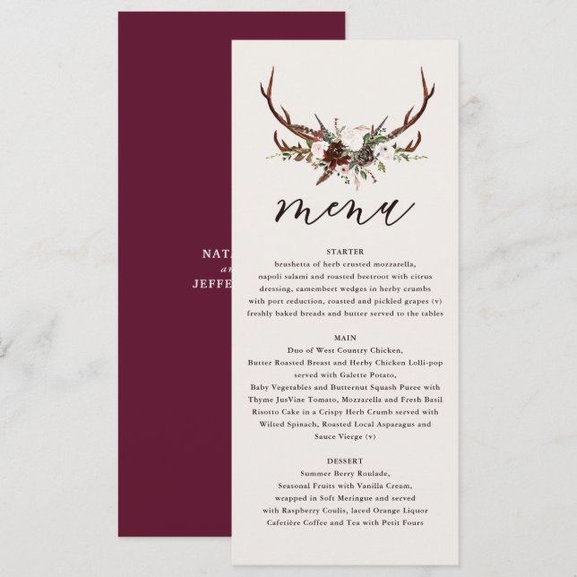 Menu mariage de bois de cerf et de fleurs rustique (Devant / Derrière)
