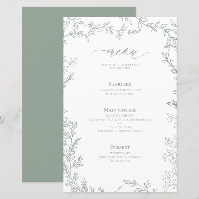 Menu Mariage de cadre feuilleté vert Sage (Devant / Derrière)