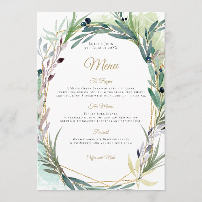 Menu Mariage de cadre géométrique feuille d'olive aquar (Devant)