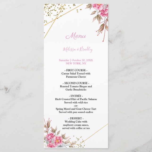 Menu Mariage de cadre géométrique or rose (Devant)