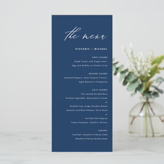 Menu Mariage de calligraphie élégant bleu marine (Debout devant)