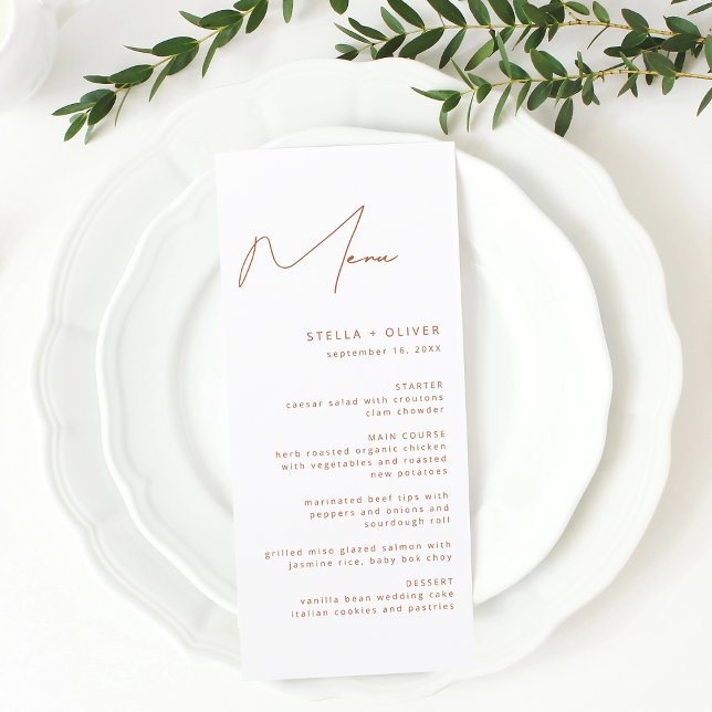 Menu Mariage de calligraphie en terre cuite rustique mo (Modern Rustic Terracotta Calligraphy Wedding Menu)