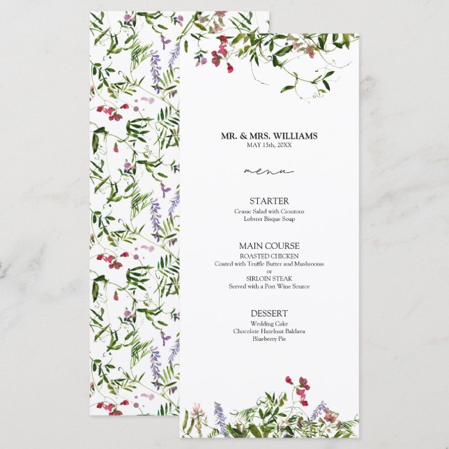Menu Mariage de calligraphie Fleur sauvage moderne (Devant / Derrière)