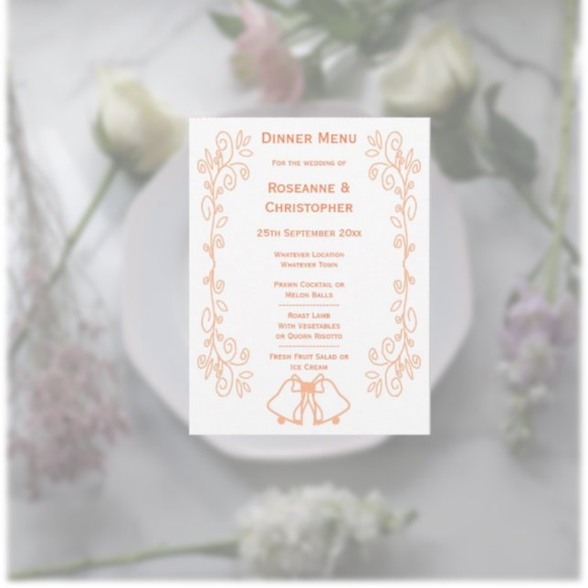 Menu Mariage de conception de défilement des cloches (Peach wedding menu bells and scrollwork design)