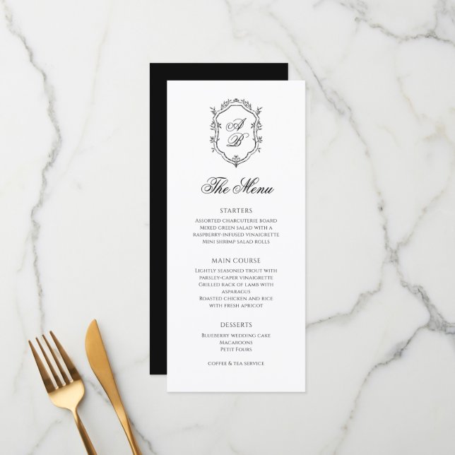 Menu Mariage de crête de monogramme noir et blanc class (Devant/Arrière en situation)