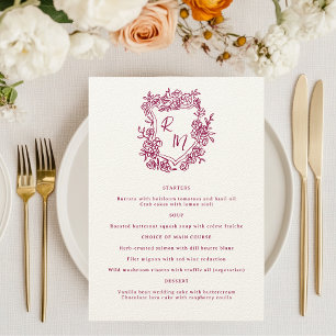 Menu Mariage de crête de monogramme violet floral tiré 
