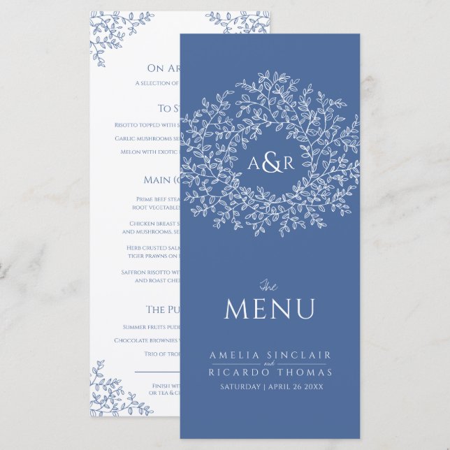 Menu mariage de dessin en feuille bleue et blanche (Devant / Derrière)
