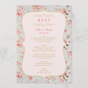 Menu Mariage de fête de jardin floral or rose vintage