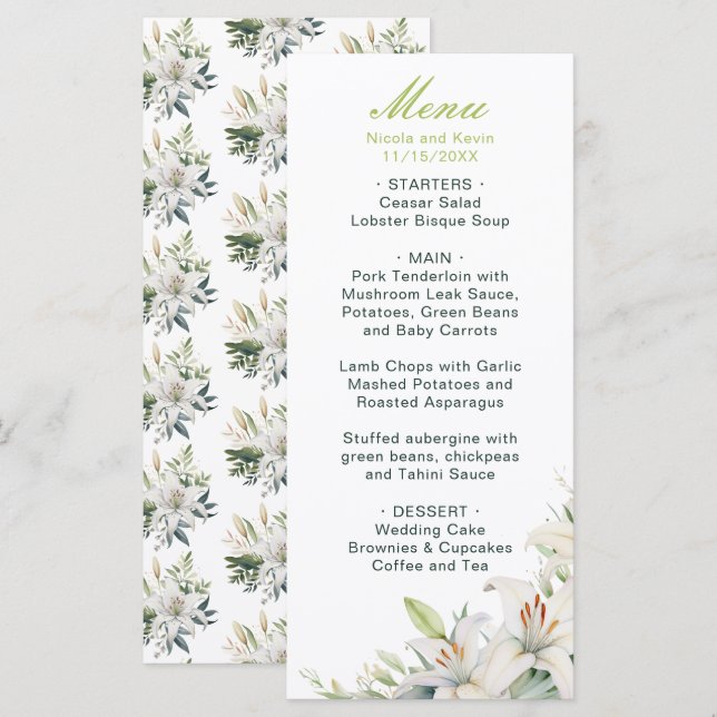 Menu Mariage de fleurs blanches (Devant / Derrière)