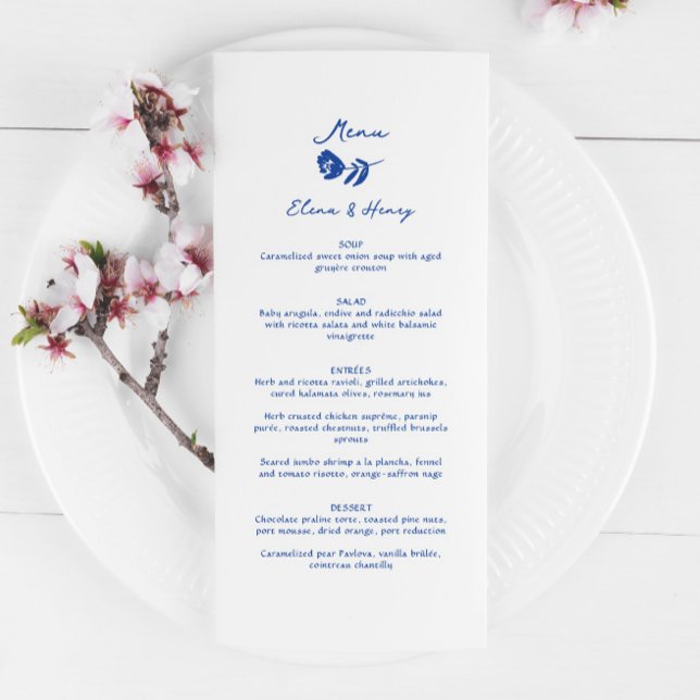 Menu Mariage de fleurs blanches à main bleue (Créateur téléchargé)
