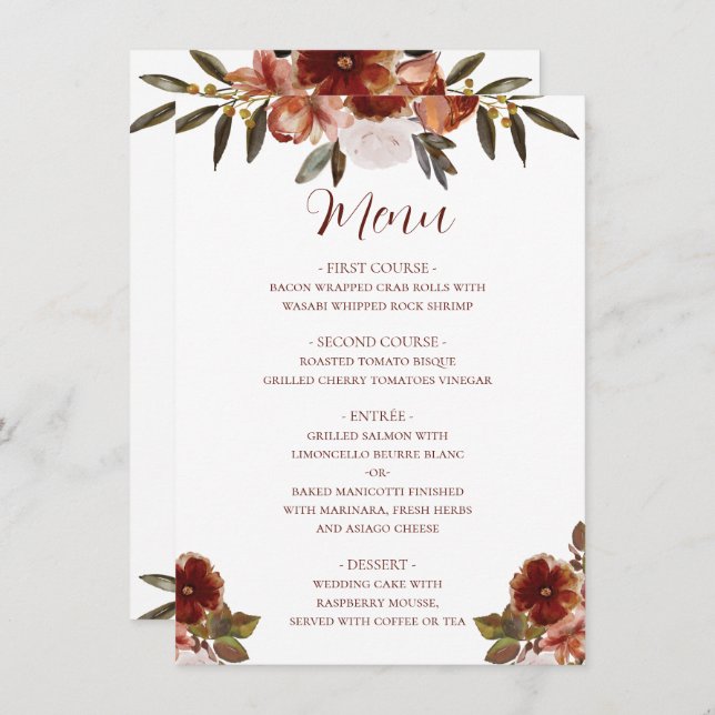 MENU MARIAGE DE FLEURS DE CHUTE DE COULEUR D'EAU (Devant / Derrière)