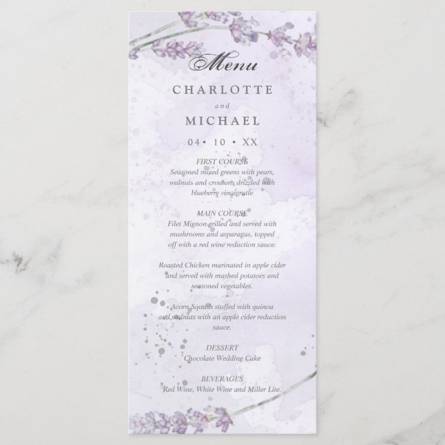 Menu mariage de fleurs de lavande d'aquarelle (Devant)