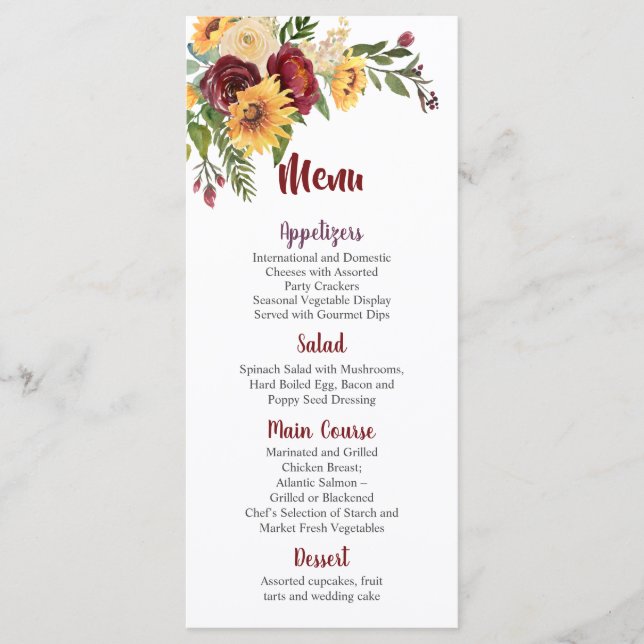 Menu Mariage de fleurs de soleil jaune de Bourgogne (Devant)