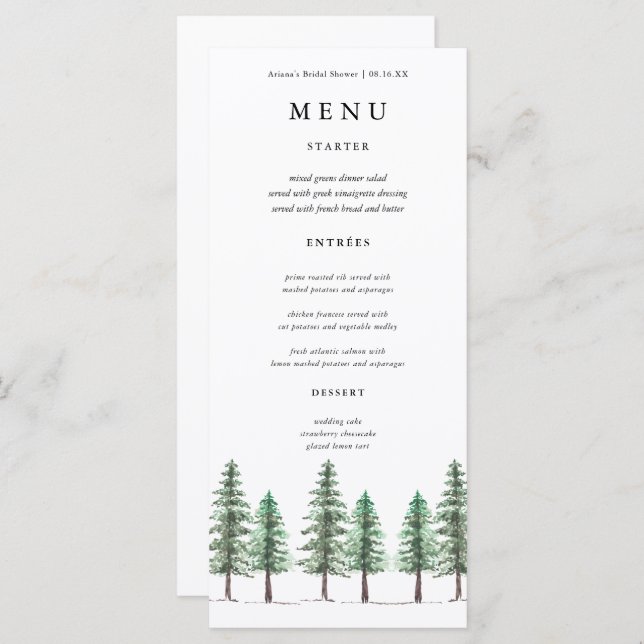Menu Mariage de forêt de pins d'aquarelle (Devant / Derrière)