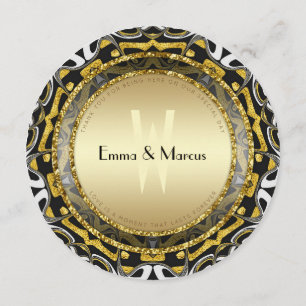 Menu Mariage de géométrie noir blanc et or rond