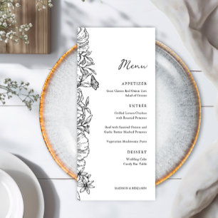 Menu Mariage de jardin floral élégant simple noir et bl